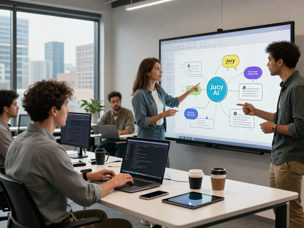 Engineers collaborating in a bright tech workspace developing juicy chat ai features, showcasing innovation and teamwork.