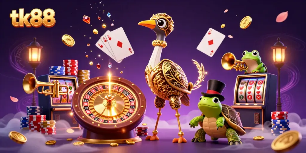 Experience excitement with tk88 as a colorful cartoon crane and turtle enjoy a vibrant casino scene.
