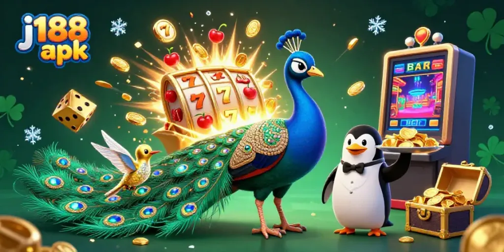 Experience thrilling casino winnings with j188 apk in a vibrant 3D illustration featuring a peacock and casino elements.