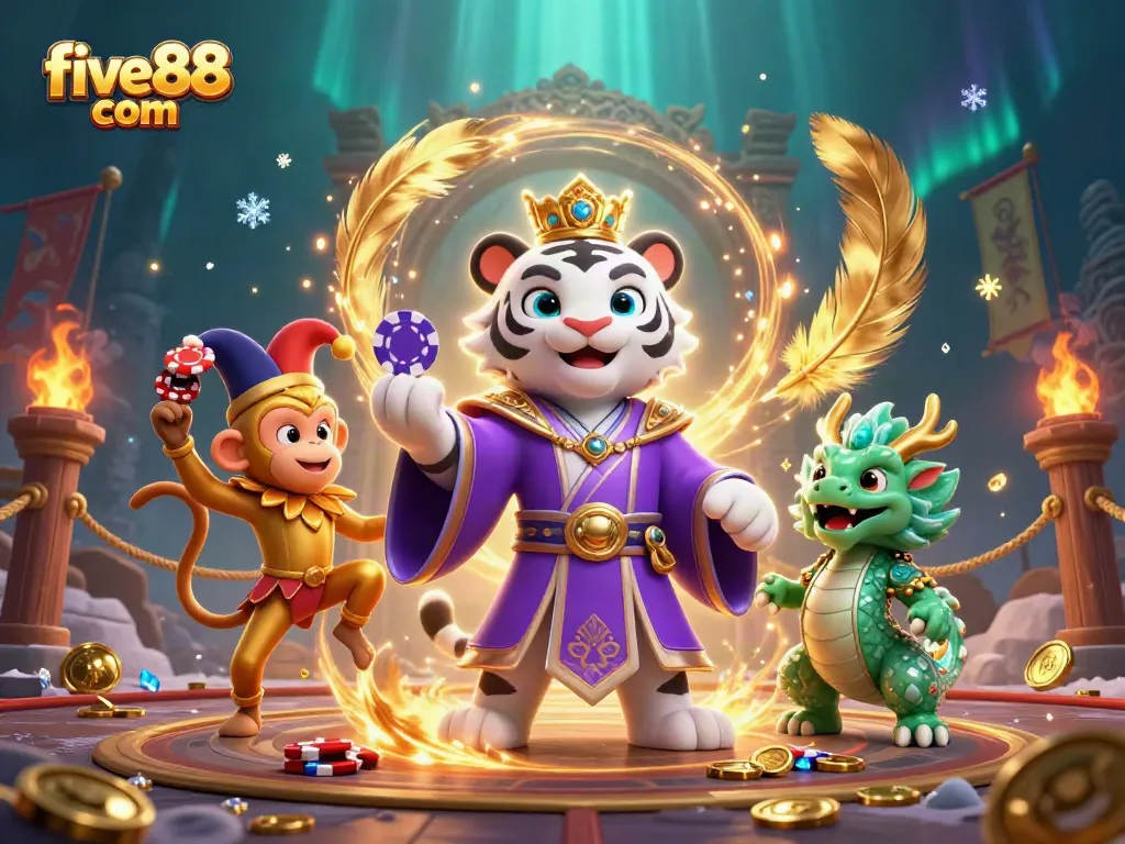 Play to win at five88 com, featuring a lively casino scene with playful characters and dynamic elements.