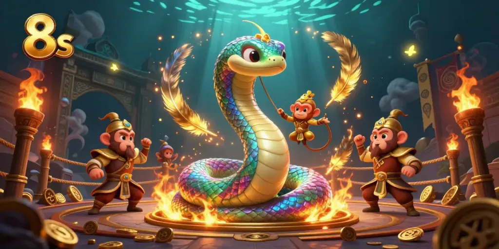 Engage in thrilling gameplay with 8s at a vibrant casino arena featuring a rainbow serpent and monkey king.