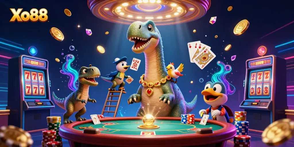 Experience the thrilling world of Xo88 with a cartoon brontosaurus and clever raptor at a high-stakes poker table.