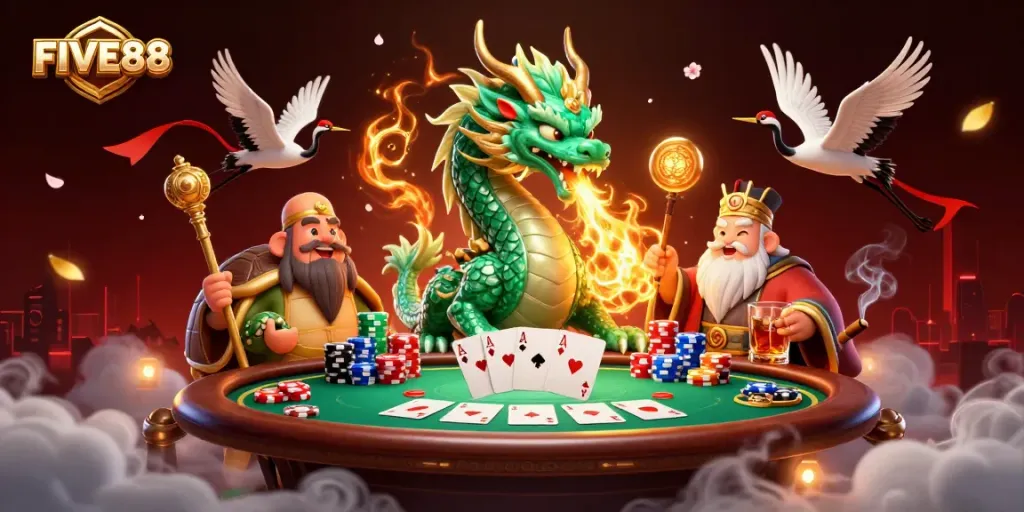 Bet on FIVE88 with fiery dragon, lucky cranes, and dynamic poker scene.