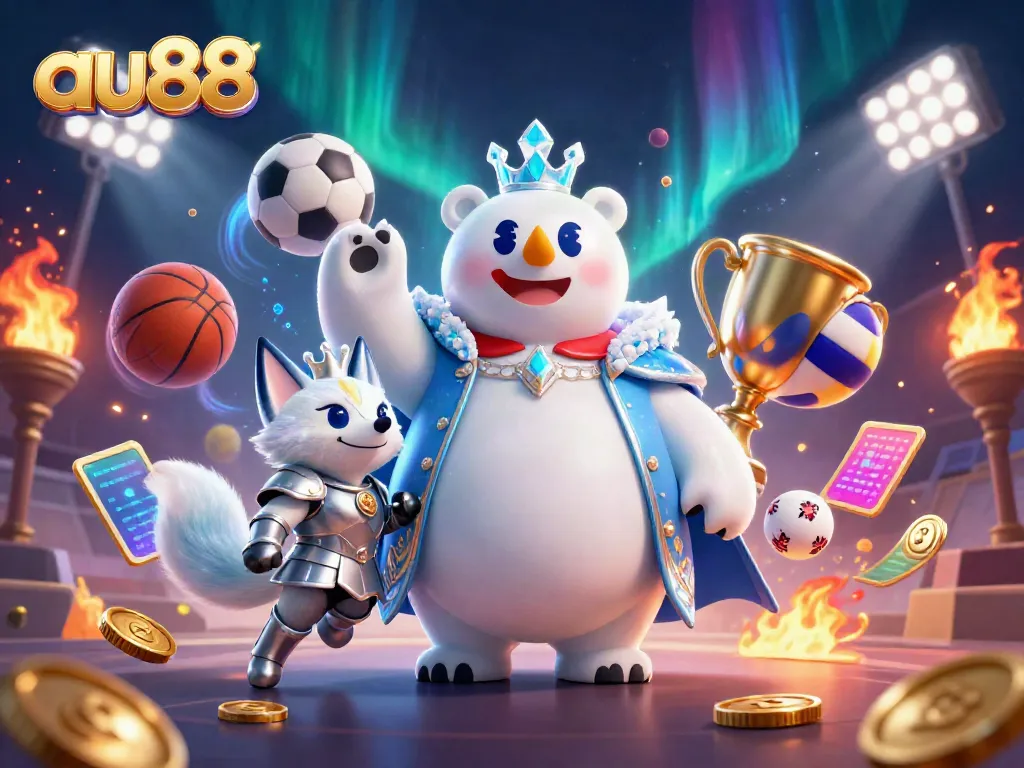 Experience thrilling gameplay with au88, featuring a 3D cartoon ice king and sports elements dynamic scene.
