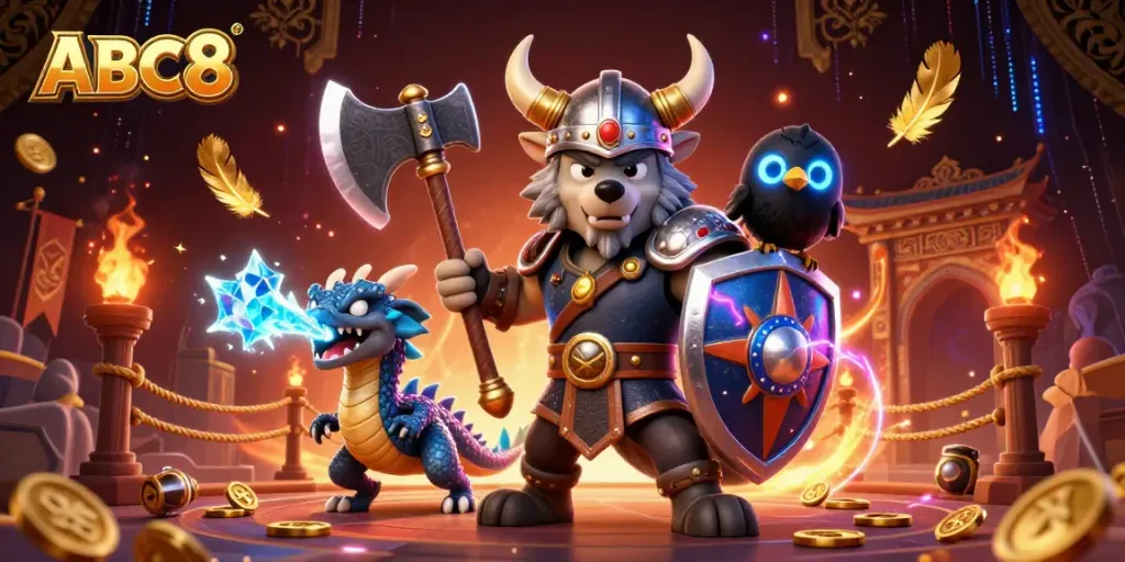 Experience thrilling gameplay at ABC8 with vibrant casino adventures featuring a Viking wolf warrior.