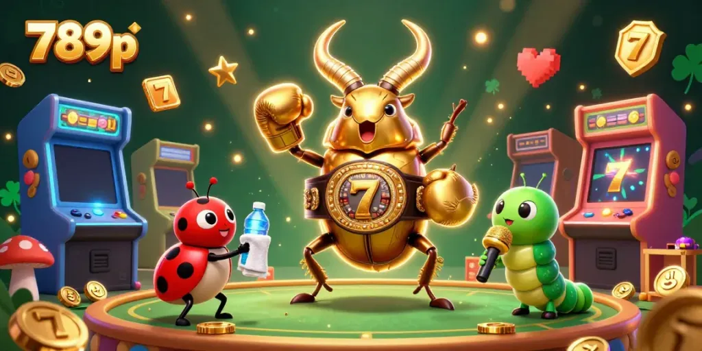 Engage in slots and jackpot excitement with 789p's vibrant casino atmosphere featuring animated characters.