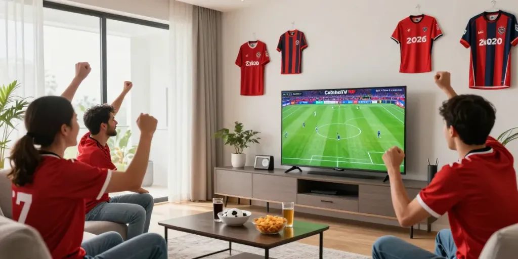 Excited fans enjoying CakhiaTV's HD football broadcasts in a lively living room.