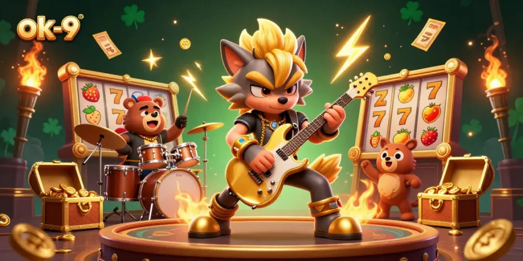 Experience the thrill of ok-9's gaming excitement with a wolf guitarist and vibrant casino elements.