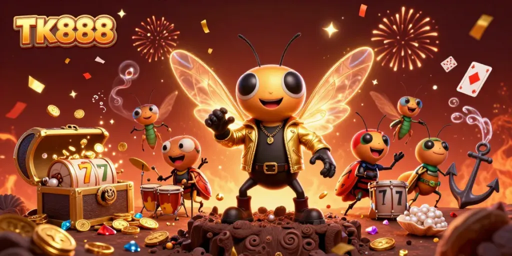 Experience the vibrant casino world at TK888 with a 3D rock star cicada and exciting gaming elements.