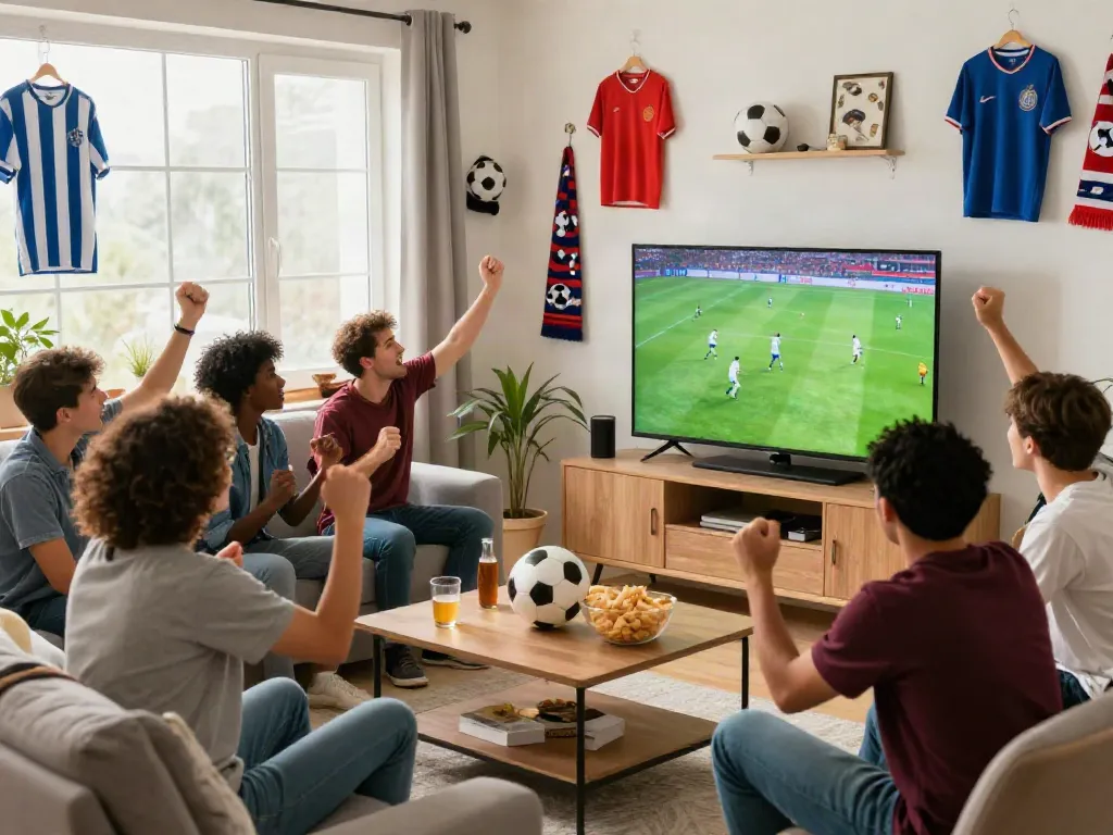 Cakhiatv fans celebrating a soccer match in a cozy living room.