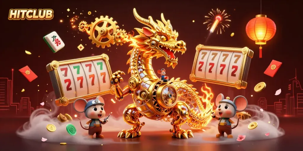 Experience the thrill of HITCLUB as a golden dragon breathes victory with gears and slots around!