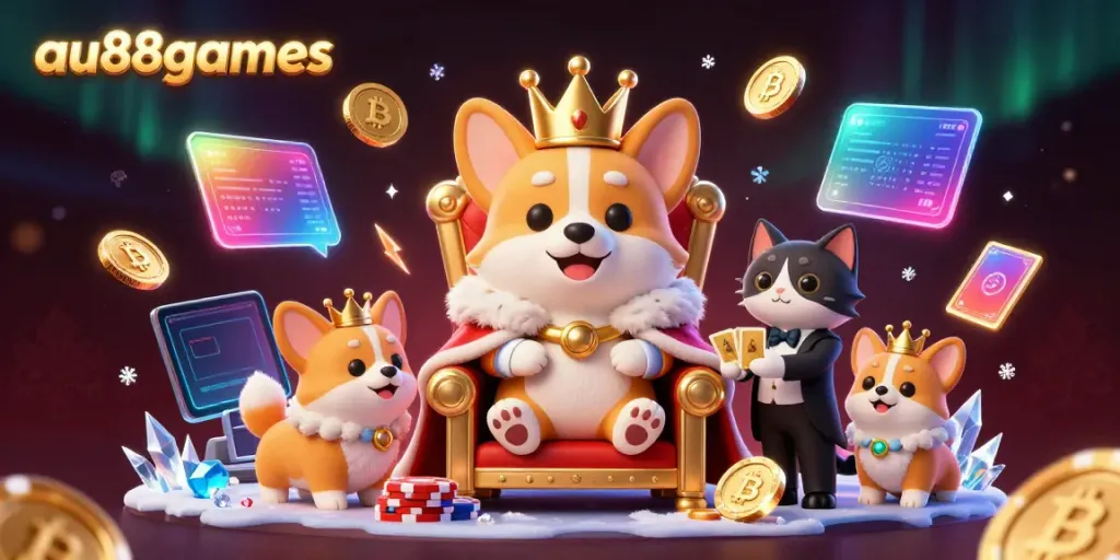 Experience excitement at au88games with a 3D royal corgi crowned and surrounded by crypto elements and lively casino symbols.