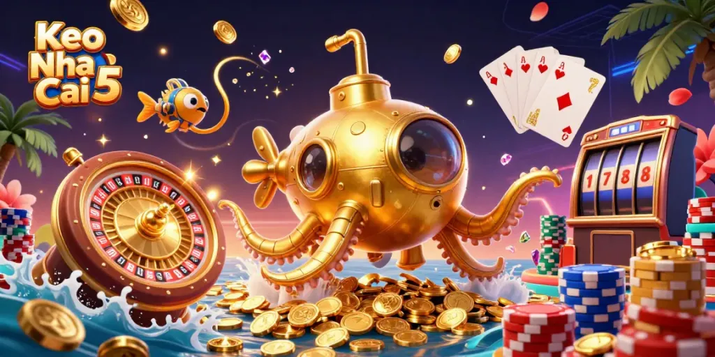 Experience Keo Nha Cai 5 with a golden kraken submarine amidst dazzling casino elements and treasures.