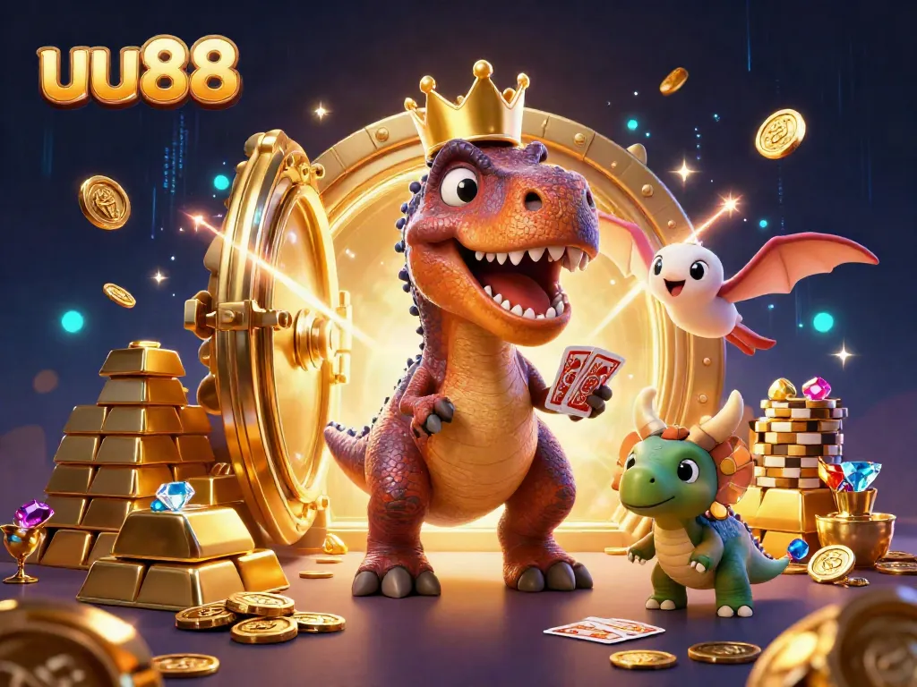 Experience gaming excitement at uu88 with a T-Rex shuffle cards while surrounded by treasures.
