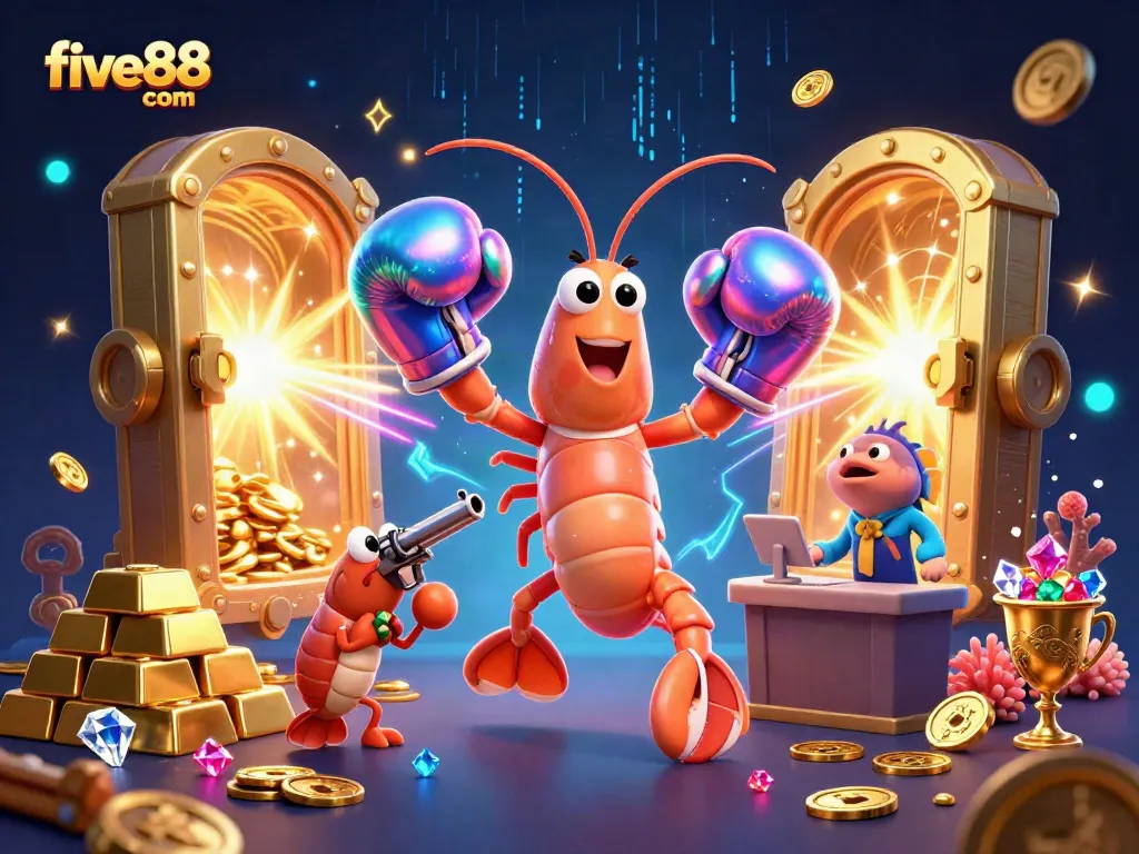 Experience vibrant action with five88 com in this lively casino-themed illustration featuring sea creatures and treasure.