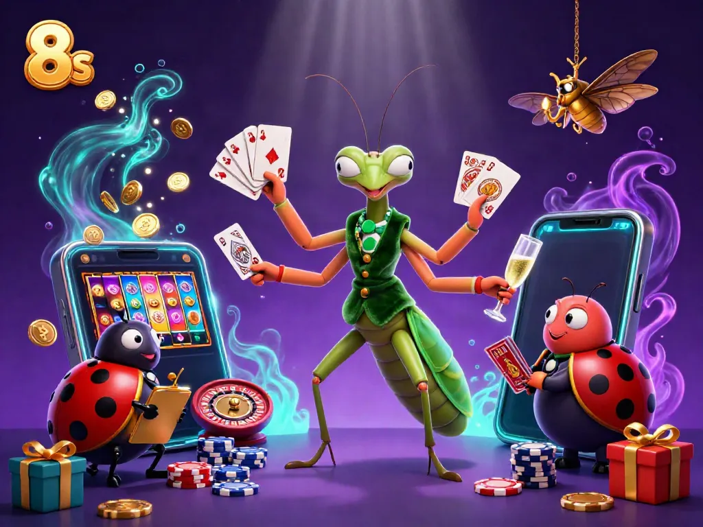8s casino scene featuring a giant mantis card sharp and ladybug pit boss dealing cards and chips.