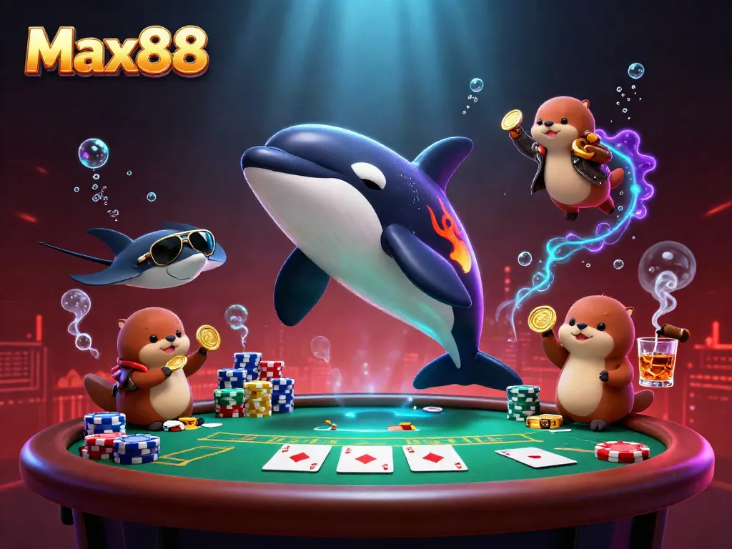 Max88 orca whale and companions celebrate at an underwater poker game filled with vibrant elements.