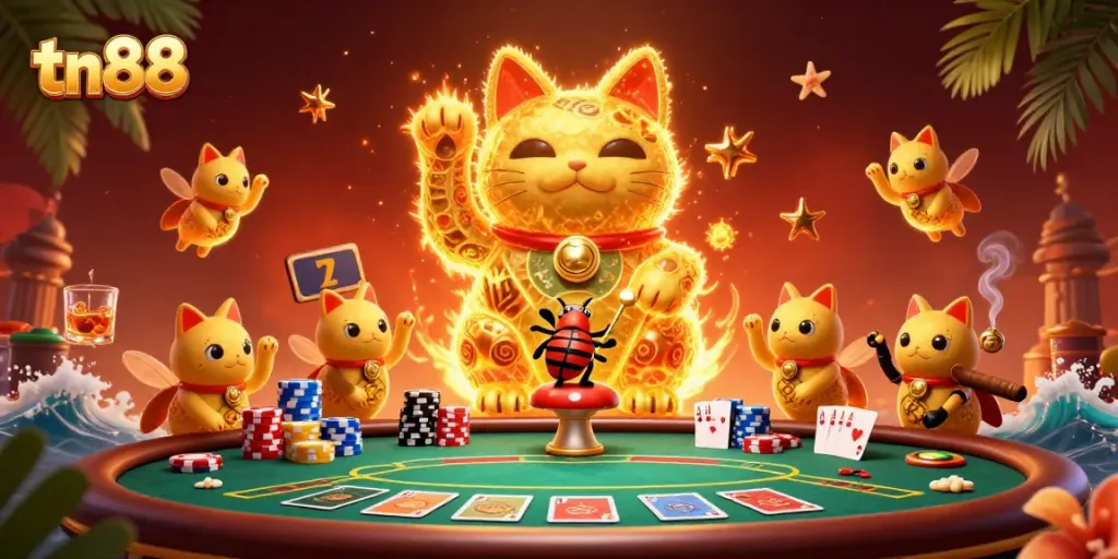 Engage with tn88's dynamic gaming world featuring vibrant casino elements and a lucky cat.