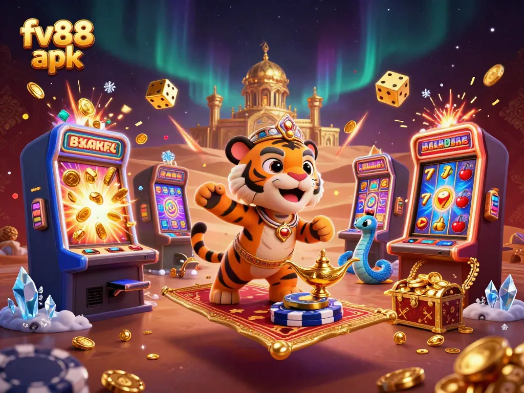 Experience thrilling jackpot wins with the fv88 apk, illustrated in a vibrant 3D scene filled with fortune elements.