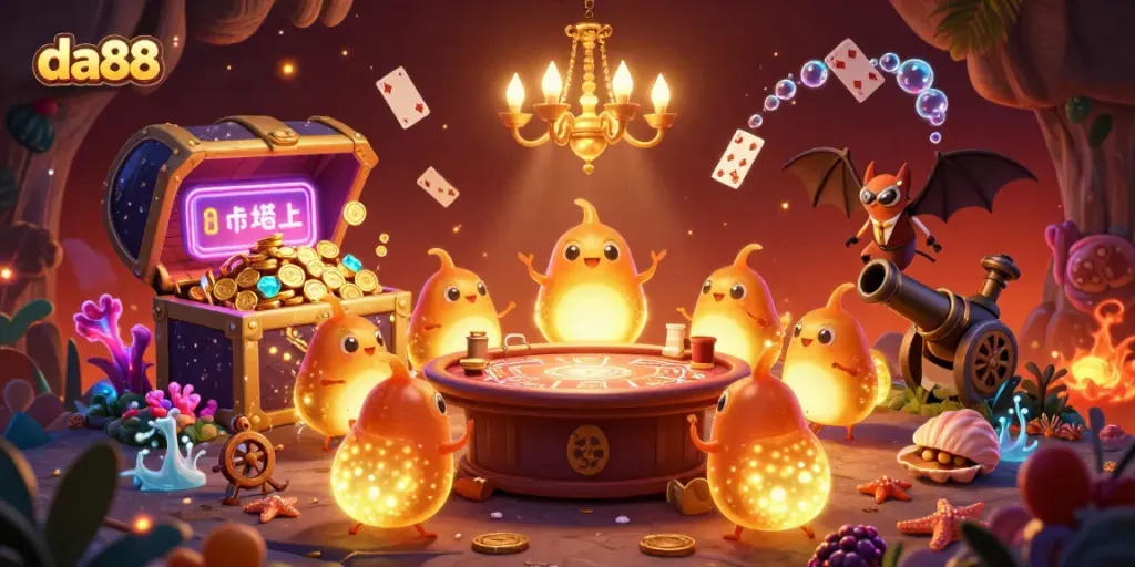 Experience thrilling games at da88 with glowworms illuminating a vibrant cave casino.