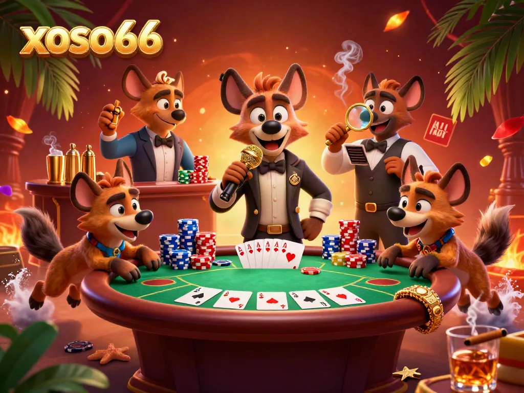 Hyenas creating a lively atmosphere at xoso66 casino club with vibrant games and drinks.