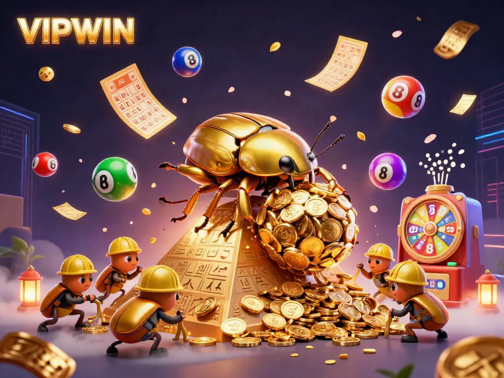 Engage with VIPWIN in an exciting 3D scene featuring a dynamic gambling adventure filled with golden coins and lively game elements.