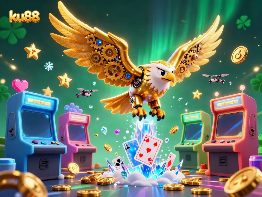Experience the thrill of gambling with ku88 as a cybernetic eagle dives through holographic cards.