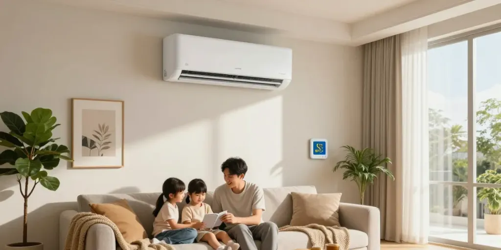 Family enjoying a cozy living room with a mini split air conditioner for comfort.