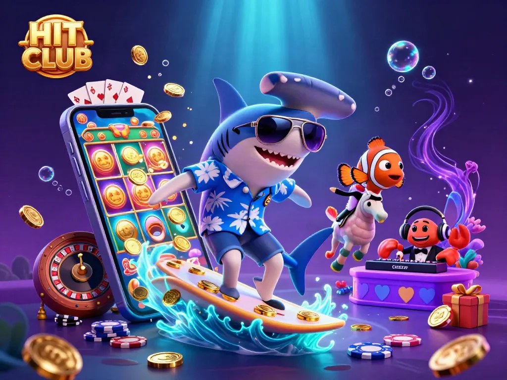 Hit CLUB celebrates winning strategies with vibrant ocean characters and casino games.