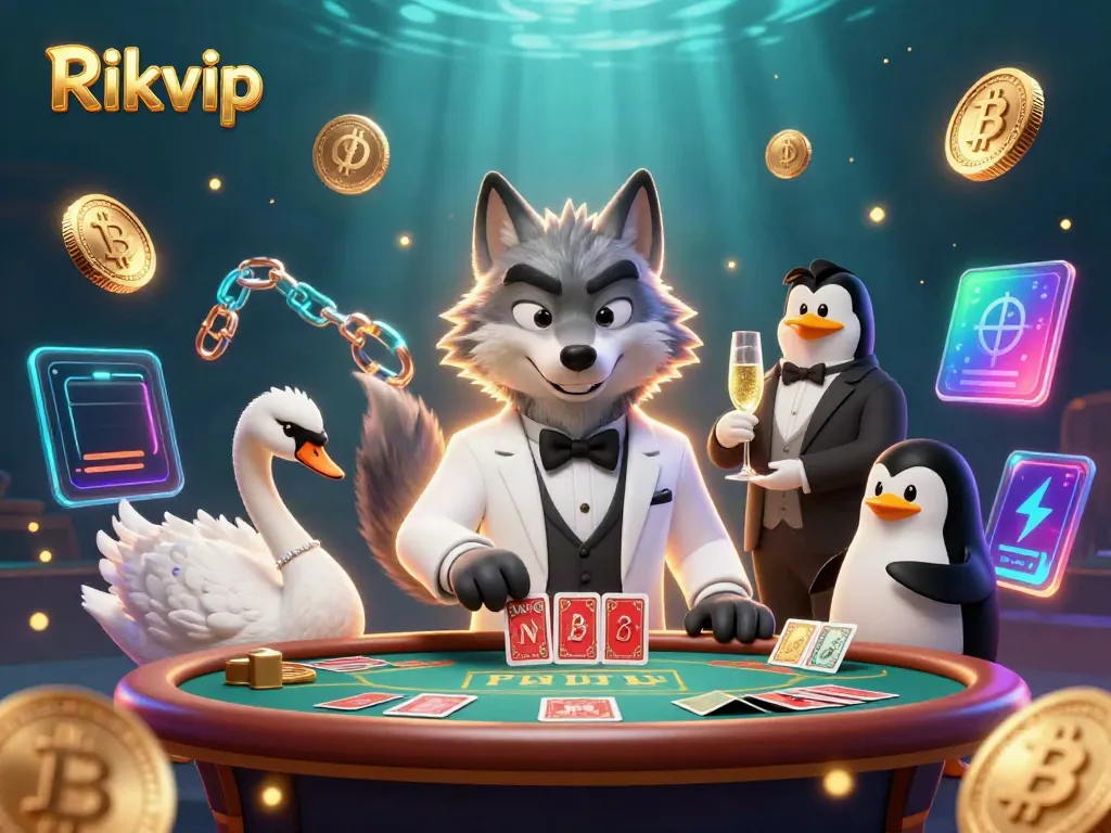 Experience Rikvip's vibrant baccarat action with cartoon characters in a dazzling casino scene.