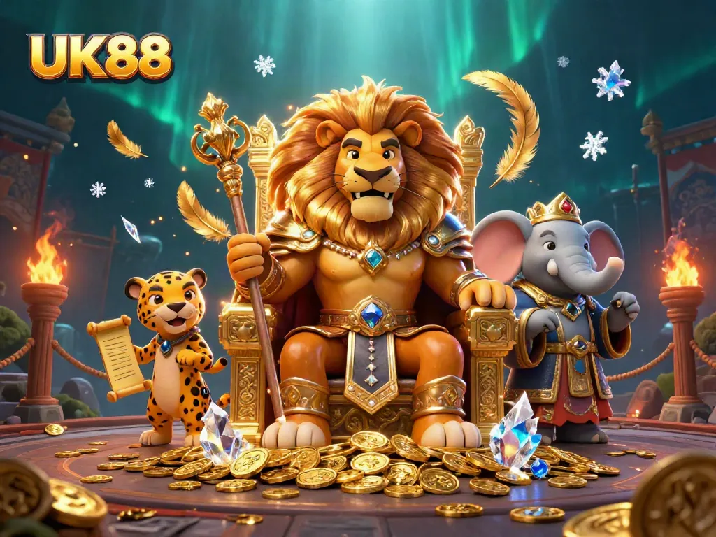 Engage with UK88's vibrant gaming scene, featuring a lion king, elephant advisor, and cheetah messenger.