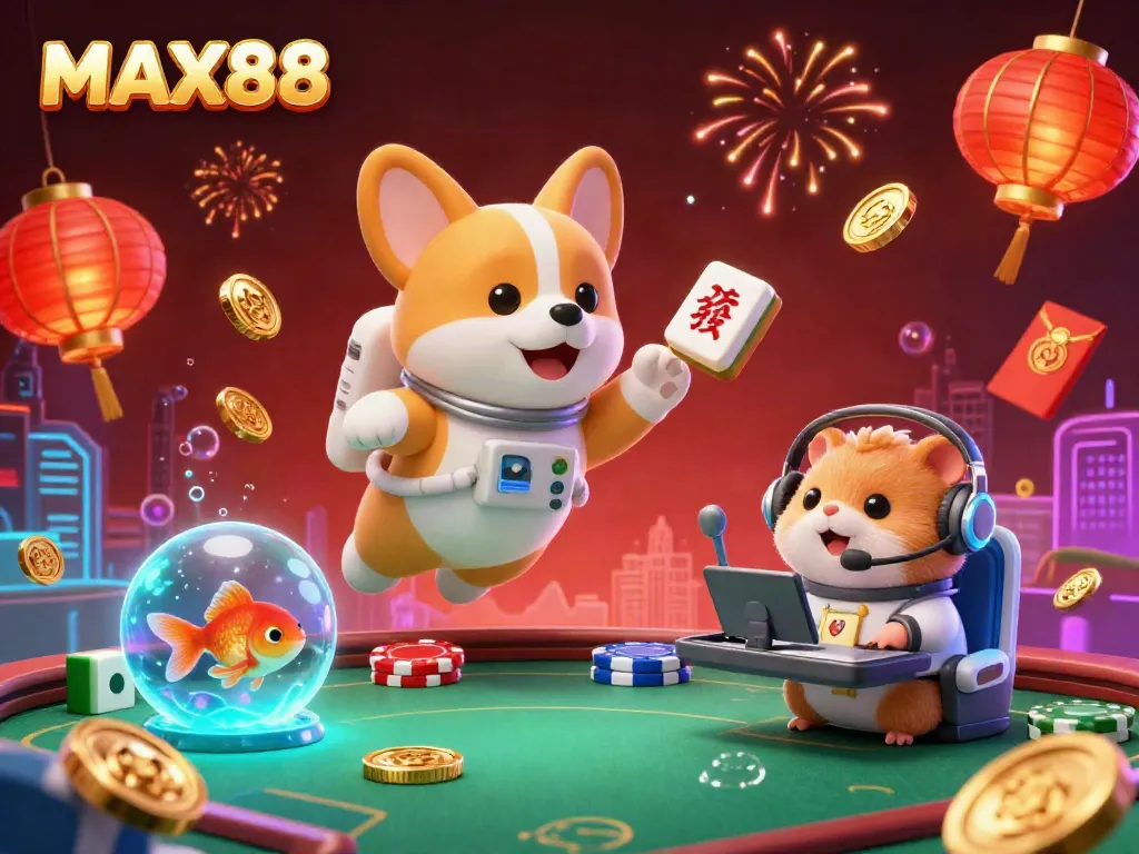 Experience thrilling adventures at MAX88 with a 3D cartoon floating Corgi astronaut in a vibrant casino environment.