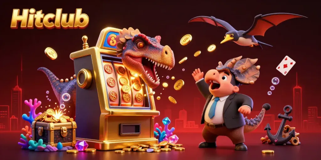 Hitclub casino scene with a cartoon dinosaur winning jackpot coins, lively and colorful.
