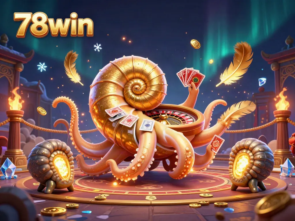 Engage in thrilling gameplay with 78win's stunning casino experience featuring a 3D nautilus and glowing ammonites.