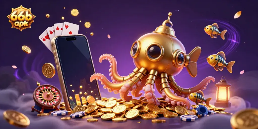 Engage with an exciting 66b apk scene showcasing a golden kraken submarine navigating golden coins with dynamic gaming elements.