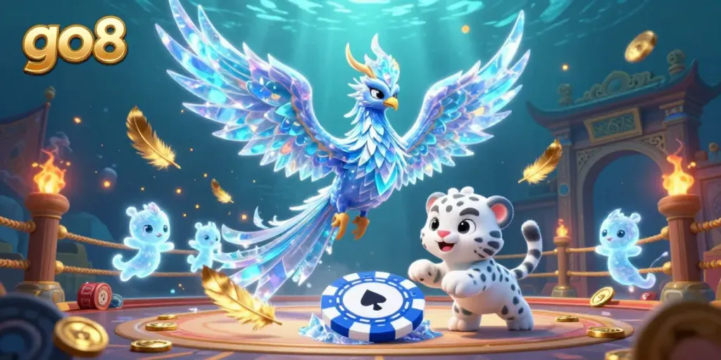 Engage with the vibrant go8 gaming world featuring a mystical ice phoenix, dynamic poker chip play, and glowing sprites.