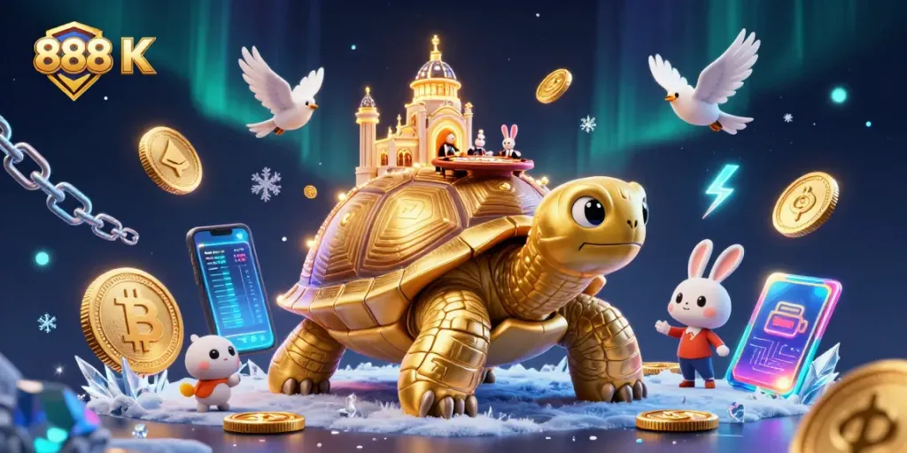 Engage in thrilling gameplay at 888 K, featuring a vibrant casino scene with golden tortoise and lively dealer.
