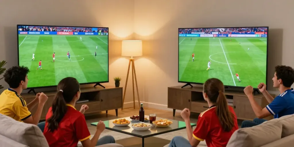 Friends enjoying thapcamtv live football match on a large screen