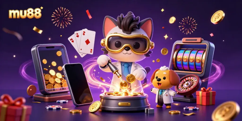Engage with mu88's dynamic casino themes, featuring a playful mad scientist cat and dog in a lively gaming lab.