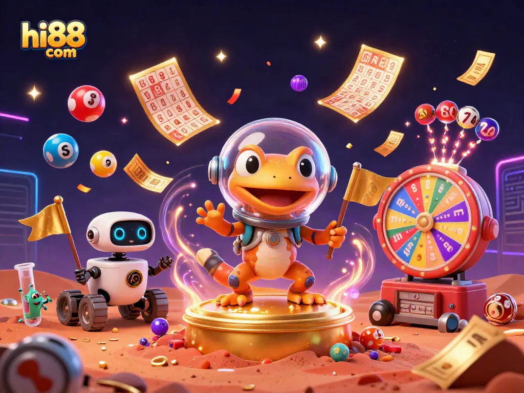 Engage with the vibrant casino world at hi88 com featuring a Martian gecko and exciting gaming elements.