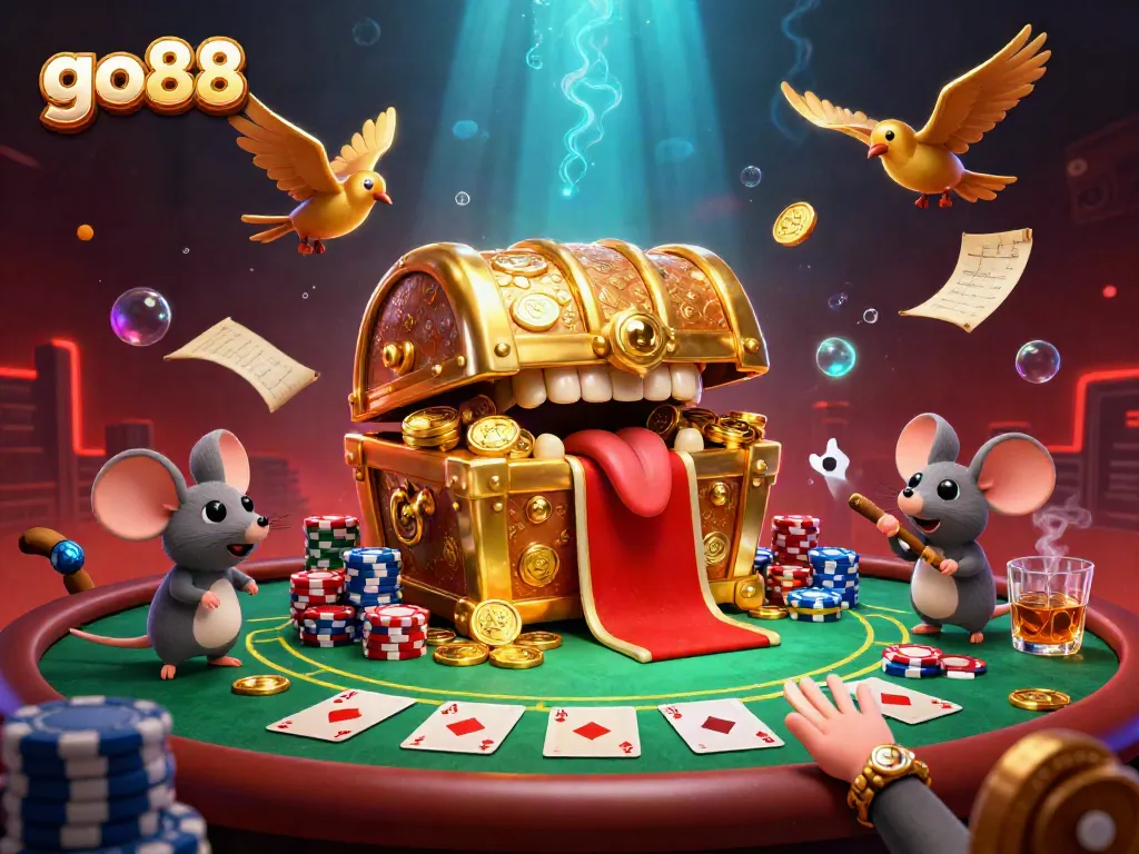 Experience riches at go88 with a treasure chest and poker elements in a vibrant 3D casino scene.