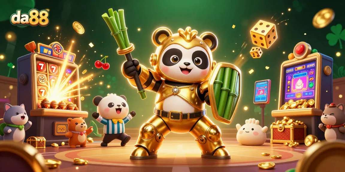 Experience thrilling gaming action at da88 with vibrant slot machines, golden panda character, and casino elements.