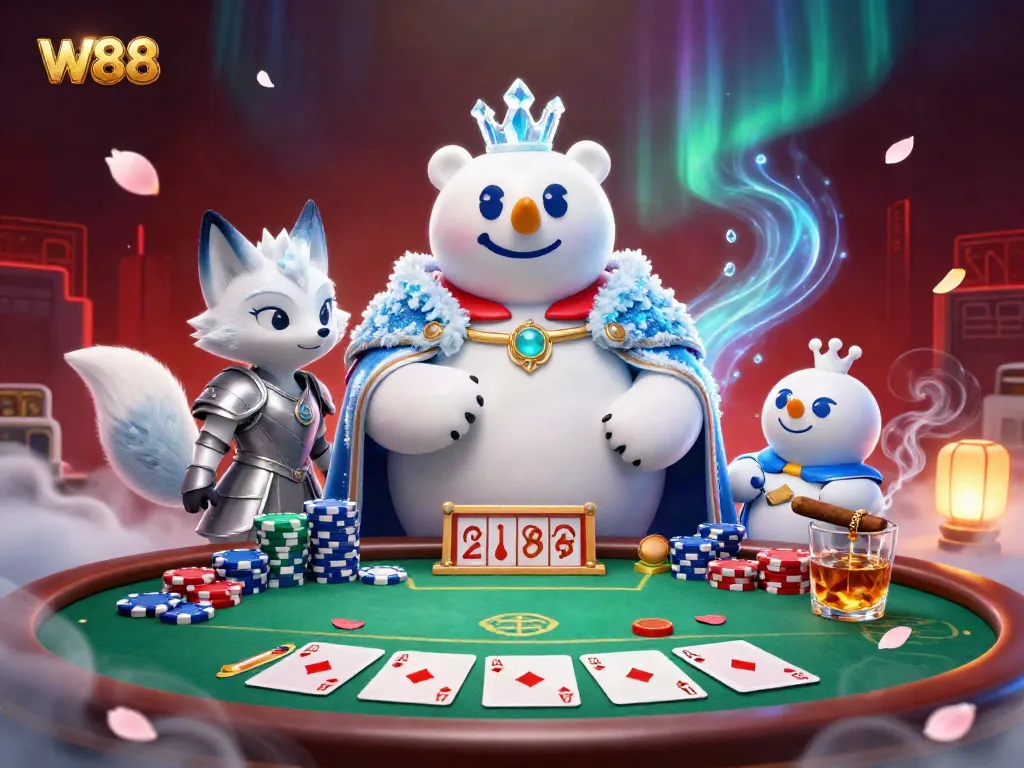 Engage with W88’s vibrant casino scene featuring a polar bear and fox amidst poker chips and cards.