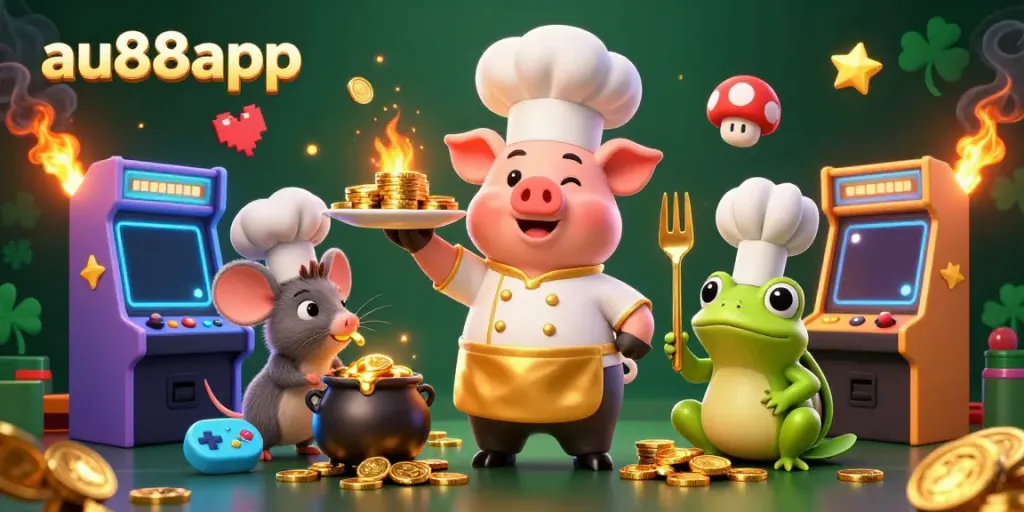 Join the excitement of au88app with a 3D cartoon chef pig presenting gold coins amidst vibrant casino elements.