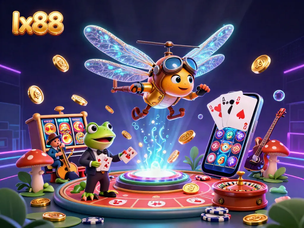Experience thrilling gameplay with lx88 as a dragonfly pilot oversees a casino scene.