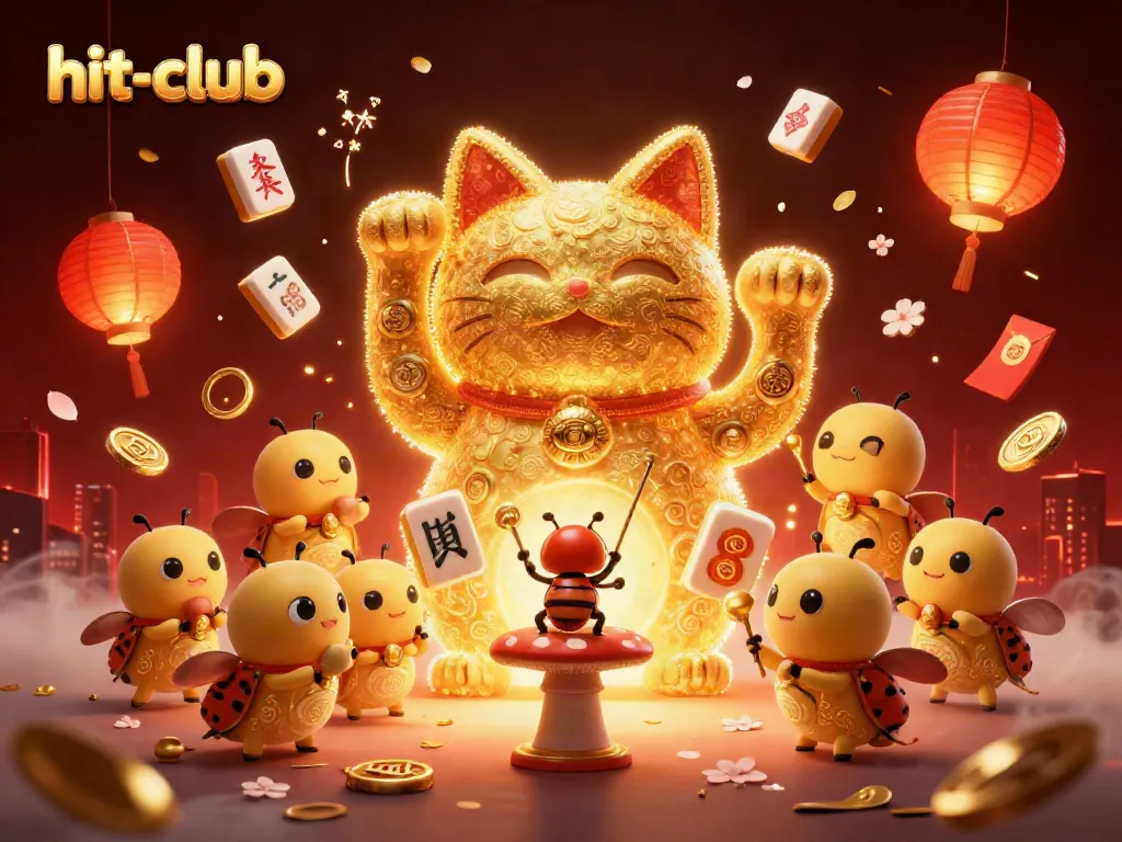 Experience the excitement at hit-club with a vibrant scene filled with lucky symbols and casino elements.