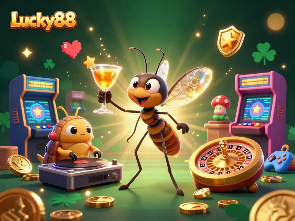 Spin to win with Lucky88's vibrant casino mascot and dynamic gaming scene featuring a thrilling roulette wheel.