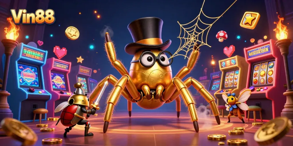 Spin the slot reels at Vin88 with a vibrant casino scene featuring lively characters.