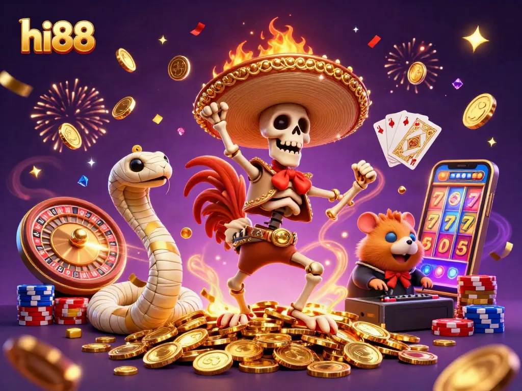Experience thrilling gameplay at hi88 with vibrant characters celebrating on golden coins.