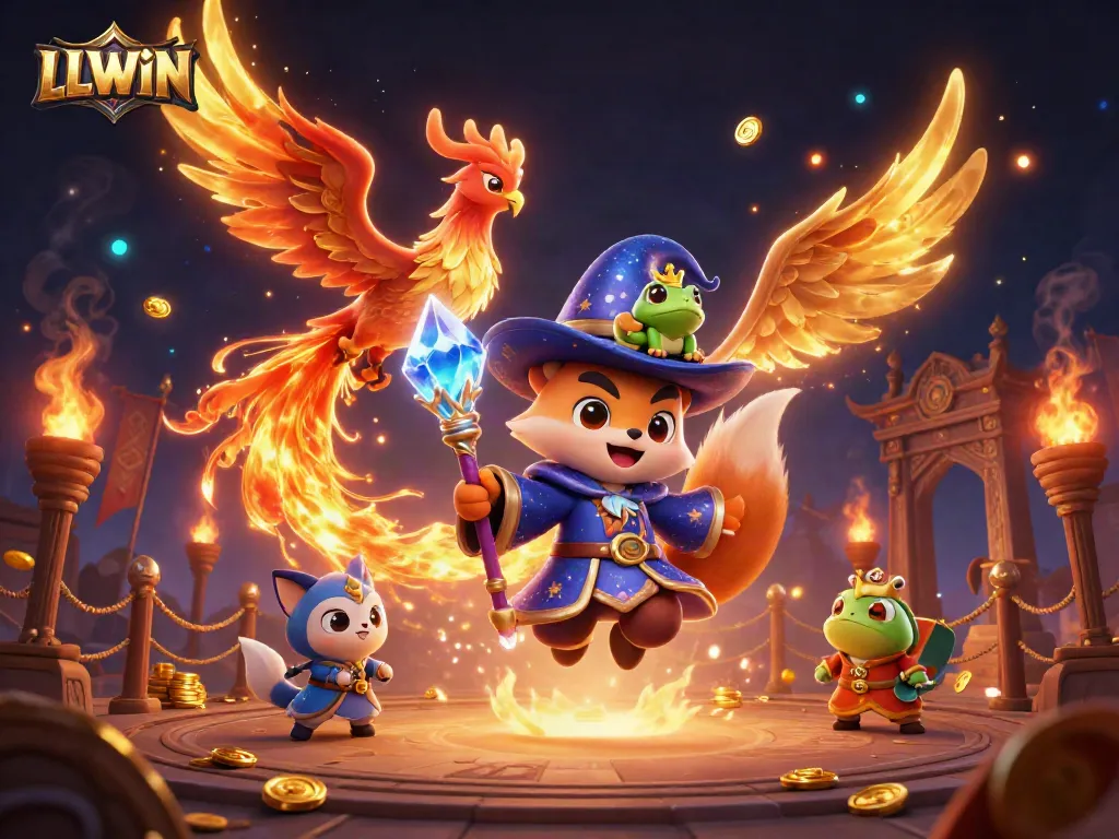 Engage with LLWIN's magical gaming experience featuring a mystical wizard fox, phoenix, and rich casino elements.